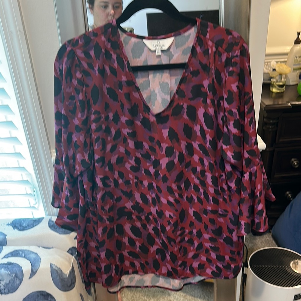 Red and Blue Ruffled 3/4 Sleeve Blouse